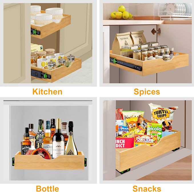 MinBoo Bamboo Pull Out Drawers for Cabinets 14" W x 21" D,Gliding Soft Close Shelves for Kitchen, Pantry, and Storage Organization,Pull Out Cabinet Drawer, Cabinet Drawers Slide Out