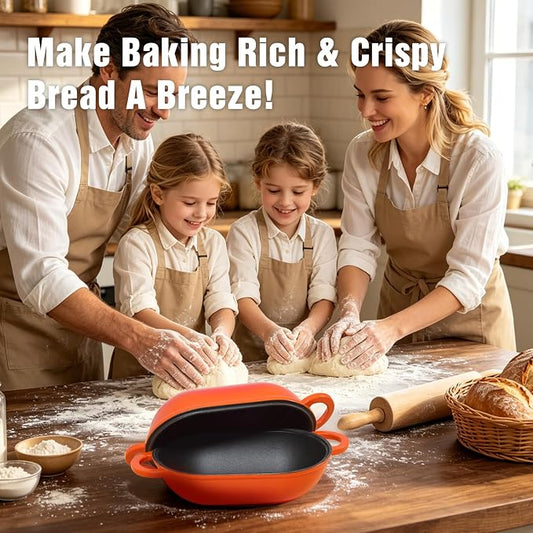 Enameled Cast Iron Sourdough Bread Oven, 5 QT Loaf Cast Iron Bread Pan with Lid, Oval Dutch Oven for Homemade Bread Baking, Meatloaf Pan with Lid (Orange)