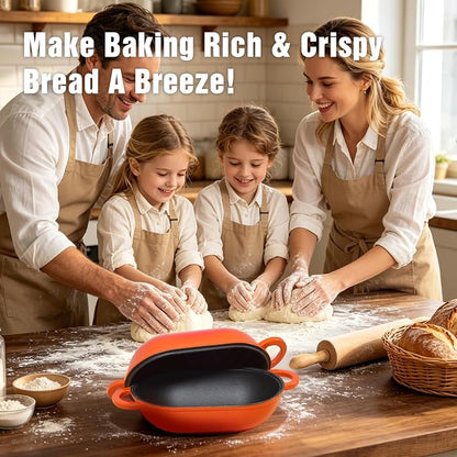 Enameled Cast Iron Sourdough Bread Oven, 2.5 QT Loaf Cast Iron Bread Pan with Lid, Oval Dutch Oven for Homemade Bread Baking, Meatloaf Pan with Lid (Orange)