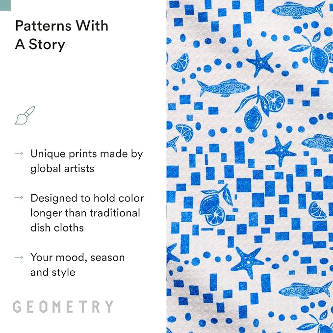 GEOMETRY Dishcloth – Spring & Summer Collection – Quick-Dry, Ultra-Absorbent, Reusable Microfiber Kitchen Towels for Drying & Cleaning - Santorini Tile - 3-Pieces
