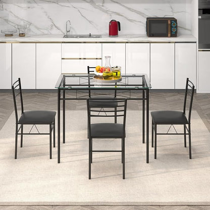 Giantex 5 Piece Dining Table Set, Kitchen Dining Set with Tempered Glass Table Top and 4 Upholstered Chairs, Dinette Set for 4 for Breakfast Nook Dining Room Kitchen (Black)