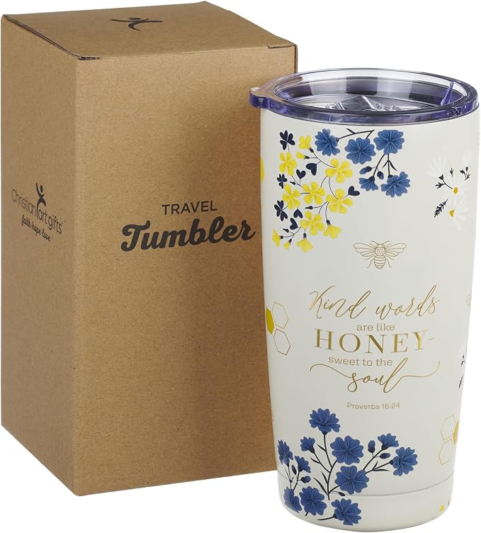 Christian Art Gifts Stainless Steel Scripture Tumbler Travel Mug for Women: Kind Words Bible Verse, Cute Bumble Bee, Double-wall Vacuum Insulated, Lid, Hot/Cold, Creamy White Multicolor Floral, 18oz.