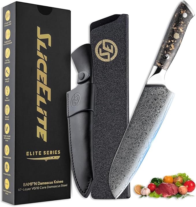 SliceElite Elite Series 7 Inch Santoku Knife VG10 Damascus Steel Forged Carbon Fiber Handle Dual Protection Cutting Kitchen Tool Sharp Vegetable Meat Chopping BBQ Chef Slicing Cleaver Camping Butcher