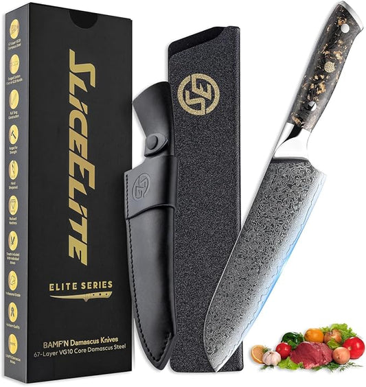 SliceElite Elite Series 7 Inch Santoku Knife VG10 Damascus Steel Forged Carbon Fiber Handle Dual Protection Cutting Kitchen Tool Sharp Vegetable Meat Chopping BBQ Chef Slicing Cleaver Camping Butcher