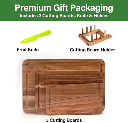Wood Cutting Board For Kitchen, Wooden Cutting Board Set of 3 with Juice Groove, Double-Sided Chopping Board Serving Board for Meat, Vegetables and Cheese