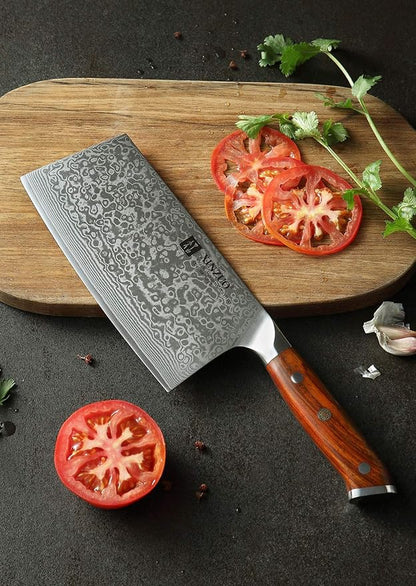 XINZUO 7 Inch Chinese Meat Cleaver Knife-Real 67 Layers Damascus Butcher Knife-Suitable for Meat/Vegetable Cleaver-Ultral Sharp-Natural Rosewood Handle-Yu Series