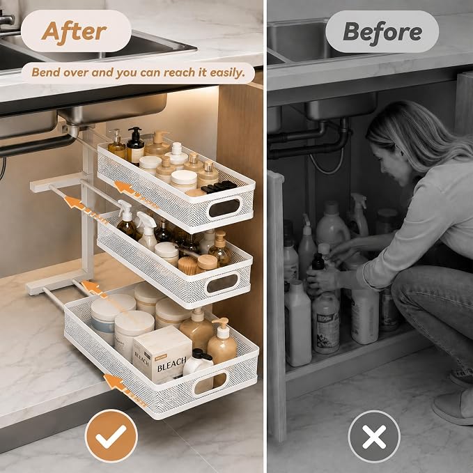 3-Tier Under Sink Organizer 2-Pack, Thickened Metal Pull out Cabinet Shelf, Height Adjustable Slide Out Drawer Storage Rack for Bathroom Kitchen Pantry Laundry Home Office Organization (White)