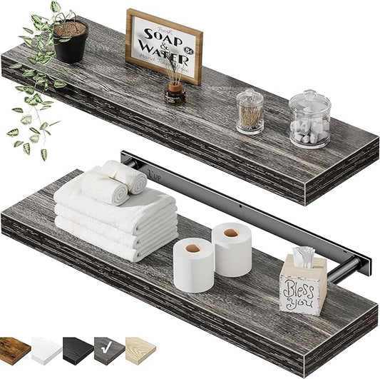 QEEIG Floating Shelves for Wall 23.6" Long - Wall Mounted Shelf Bathroom Kitchen Living Room Bedroom Farmhouse Home Decor Display Bookshelf Large 23.6 x 9.3 inch Set of 2, Grey (008-60GY)