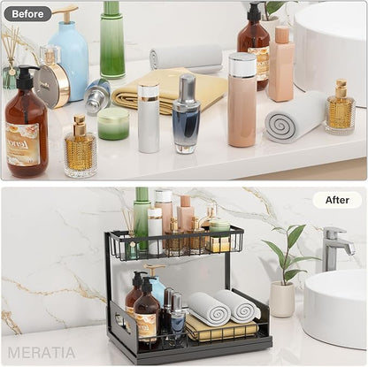 Sturdy Metal Under Sink Organizer 2 Tier, Pull Out Drawer Slides Under Sink Storage for Bathroom Kitchen, Multi-Purpose Iron Under Cabinet Organizer for Cleaning Supplies (Black, 2 Pack)