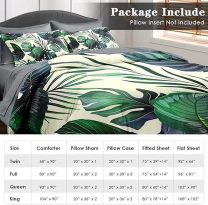 Pamnest Comforter Set Twin Size, Tropical Plants Leaves 5 Pcs Bedding for Kids and Adults, Palm Leaf Flower Hawaiian Bed Sheet Sets with Fitted Sheet Pillowcase & Sham for Bedroom Bed Decor