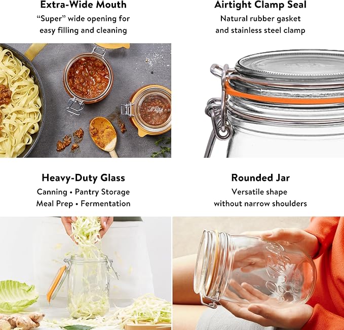 Le Parfait Super Jar 2L (64oz) French Glass Preserving Jar w/Airtight Rubber Seal & Wire Bail Closure - BPA-Free Canning Jar for Pickles, Fruits, Sauces & Food Storage - Made in France Since 1930 1PK