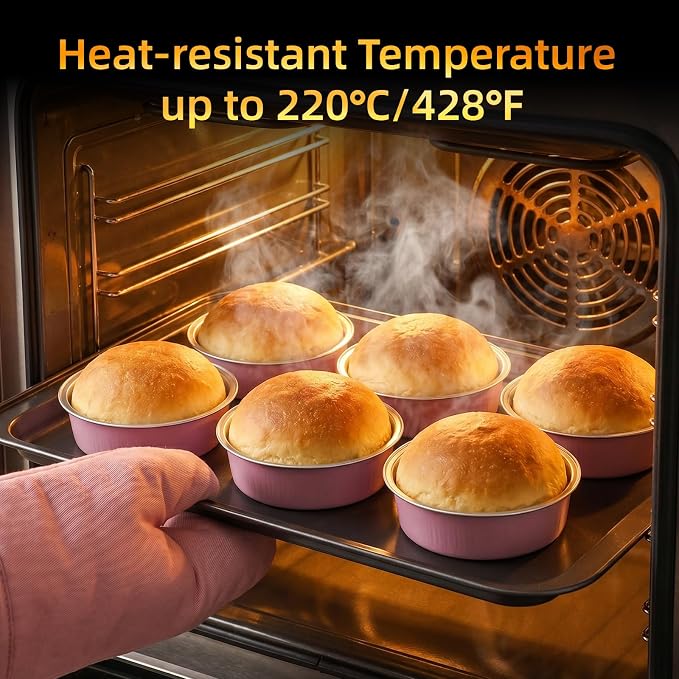 Beasea 7.3oz Mini Pie Pans with Lids, 120 Pack 4 Inch Disposable Creme Brulee Ramekins Small Aluminum Foil Pie Tart Cake Baking Tin Pans Cheesecake Containers for Party - Pastel Pink