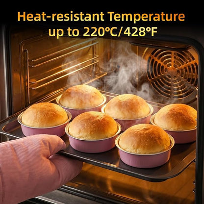 Beasea 7.3oz Mini Pie Pans with Lids, 120 Pack 4 Inch Disposable Creme Brulee Ramekins Small Aluminum Foil Pie Tart Cake Baking Tin Pans Cheesecake Containers for Party - Pastel Pink