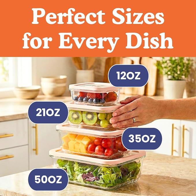 Ziruma Non-Toxic 4 Pack - Glass Food Storage Containers With Lids – Plastic Free, Airtight Meal Prep Containers, Multi-Size (12, 21, 35, 50 Oz), Microwave & Freezer Safe