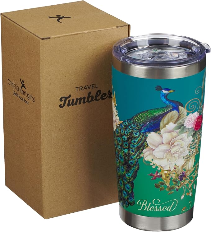 Christian Art Gifts Stainless Steel Double Wall Vacuum Insulated Tumbler 18 oz Peacock Teal Travel Mug with Retractable Lid Inspirational Bible Verse for Women - Blessed Faith -Jeremiah 17:7