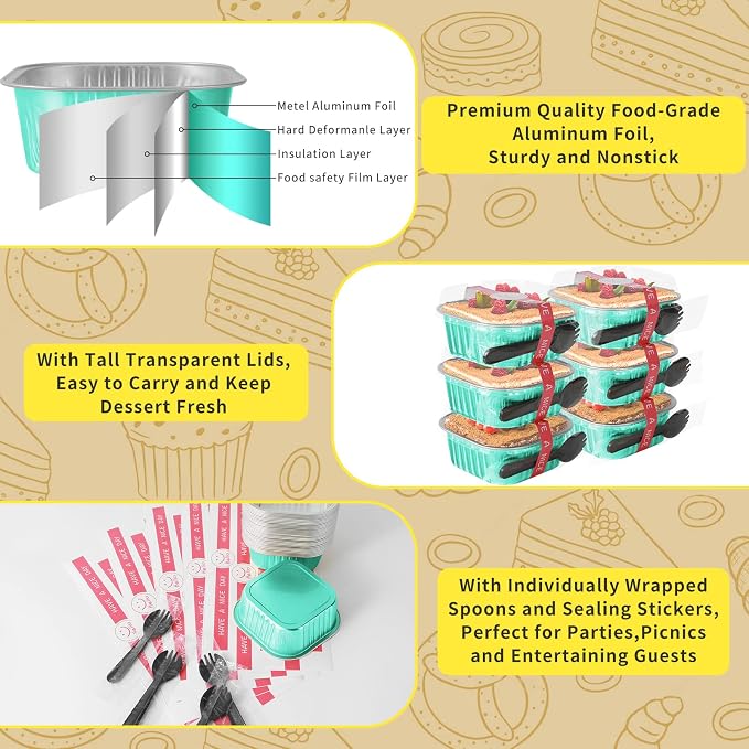 10oz Mini Cake Pans with Lids, 40 Pack Aluminum Foil Brownie Pans,Disposable Ramekins Muffin Tins,Square Baking Pans Cupcake Cups,Individual Dessert Containers Flans for Brownie - Blue