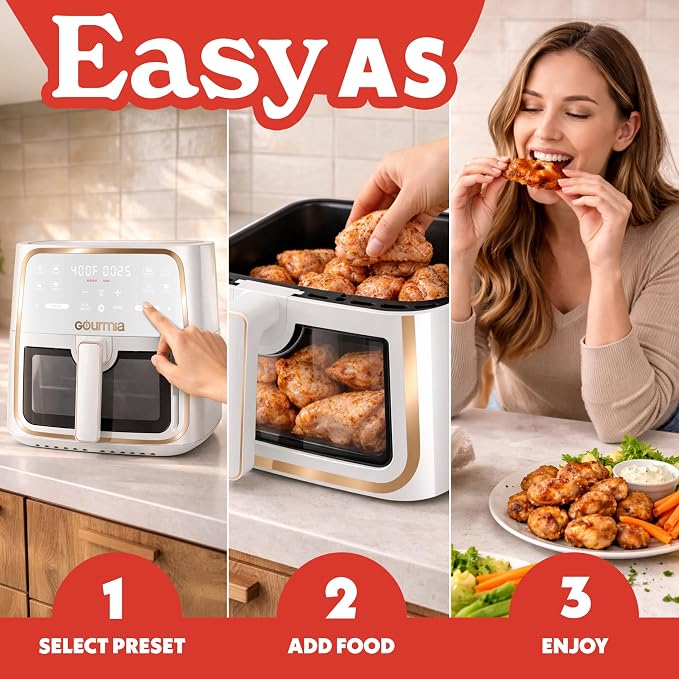 Gourmia 8 Qt Air Fryer, 8 Presets with Digital Display, FryForce 360° Technology, Easy View Window & Interior Light, Dishwasher Safe Basket, White
