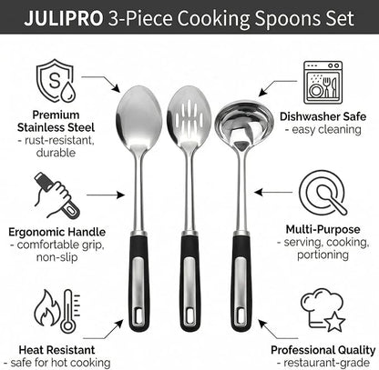 Stainless Steel Cooking Spoons Set – Includes Slotted Spoon, Serving Spoon & Soup Ladle, Heat-Resistant, Dishwasher Safe, Ergonomic Handles for Home & Commercial Use
