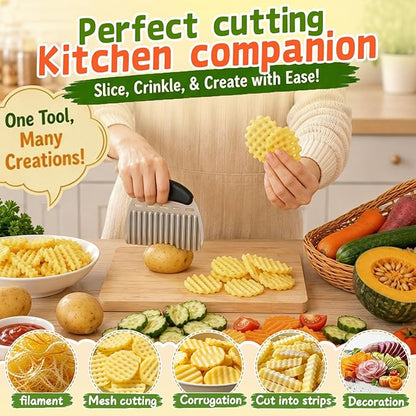 JAYVAR Large Crinkle Cutter French Fry Cutter, Large Crinkle Potato Slicer Wavy Chopper, Stainless Steel Wavy Slicer Crinkle Cutting Chopping Tools with Handle for Carrot Vegetable