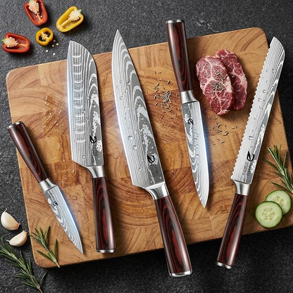 Dfito Kitchen Knife Set, 5 Pieces High Carbon Stainless Steel Chef Knife Set with Red Pakkawood Handle, Ultra Sharp Professional Chef Knives Sets for Home Cooking, Dishwasher Safe