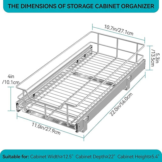Pull Out Cabinet Organizer 11" W X 22" D, Slide Out Drawers For kitchen organizers and storage, Pull Out Drawers For Cabinets Capacity Heavy Duty Caddy, Cabinet Shelves Chrome-Plated, Bathroom Pantry
