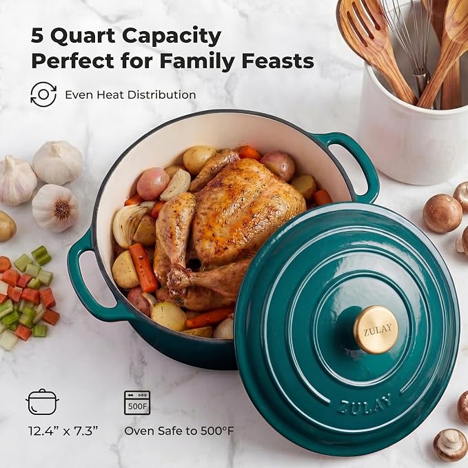 Zulay Kitchen 5 Quart Enameled Cast Iron Dutch Oven Pot with Lid – Premium Durability & Oven Safe up to 500°F – Heavy Duty Cookware Perfect for Bread Baking, Stews, Braising & Roasting – Emerald