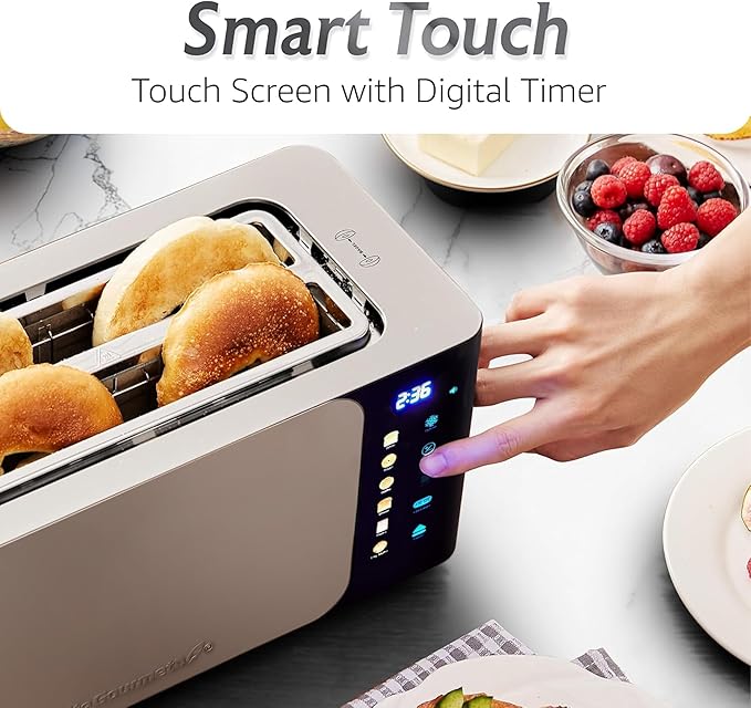 Elite Gourmet ECT5924D SmartToast Digital Long Slot 4 Slice Toaster, 1370W Even Heat, Extra Wide 1.5" Slots for Bagels & Texas Toast, Touch Screen, 6 Shades, 6 Bread Types, Defrost, Reheat, Steel