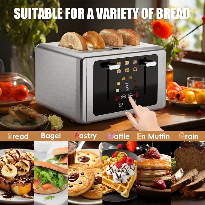 WUNLY Smart Digital 4 Slice Toaster with Touchscreen,Extra Wide 1.5" Slots for Bagel, 6 Bread & Browning Settings, Defrost/Reheat & Sound Control, Stainless Steel