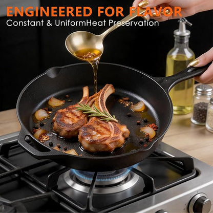 6 Piece Pre-Seasoned Cast Iron Cookware Set – Incl. 5QT Dutch Oven with Lid, 8'' and 10.25'' Cast Iron Skillets, 10.5'' Round Griddle, and a Square Grill Pan for Kitchen, Stovetop, & Camping