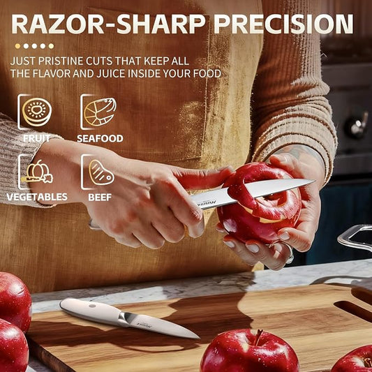 Huusk Paring Knife Set 2PCS - Razor Sharp 5" Kitchen and 3.5" Peeling Knives Well Balanced Vegetable Fruit Knife with Ergonomic White Handle Present Gift for Men Women