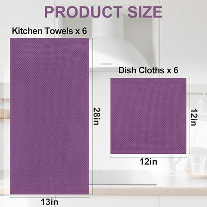 Homaxy 100% Cotton Kitchen Towels and Dishcloths Set, 12 x 12 Inches and 13 x 28 Inches, Set of 12 Bulk Kitchen Towels Set, Ultra Soft Absorbent Dish Cloths for Washing Dishes, Purple