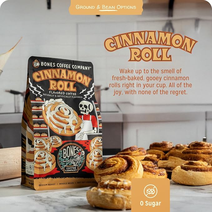 Bones Coffee Company Cinnamon Roll Flavored Coffee, Medium Roast Low Acid Arabica Beans Compatible with Auto drip and French Press Coffee Maker, 12 Oz Ground