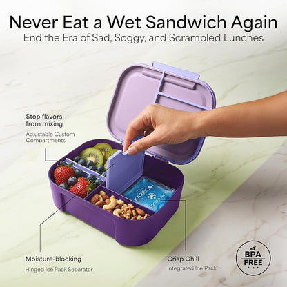 KARRICO Leakproof Lunch Box – 3-Compartment Bento Box, Cooler Pack & Adjustable Divider, Extra Large & BPA-Free – Dishwasher Safe, Ideal for On-the-Go Meals, Lilac & Blue