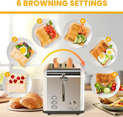 Simple Deluxe 2-Slice Toaster, 6 Browning Setting and 3 Function, Extra Wide Slot & Removable Crumb Tray, for Bread & Waffle, White
