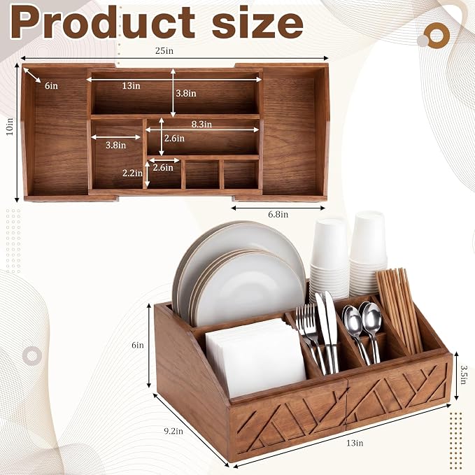 Paper Plate Dispenser Extendable, Paper Plate Holder for Kitchen Counter Wood Silverware Utensil Caddy Cutlery Flatware Organizer Box for Cups Spoons Forks Kitchen Accessories (Nut-brown)