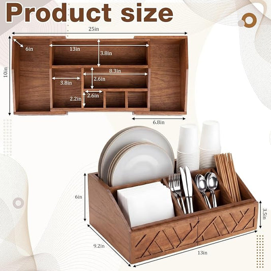 Paper Plate Dispenser Extendable, Paper Plate Holder for Kitchen Counter Wood Silverware Utensil Caddy Cutlery Flatware Organizer Box for Cups Spoons Forks Kitchen Accessories (Nut-brown)