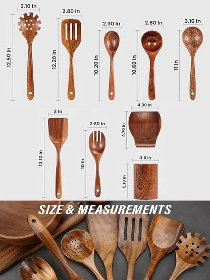 9-Piece Teak Wooden Kitchen Utensil Set – Nonstick Safe Cooking Spoons & Spatulas, Heat Resistant, Durable Natural Wood, Comfortable Grip Handles