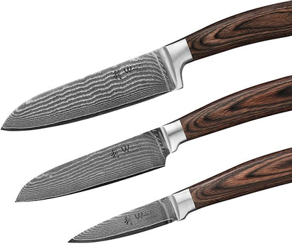 Wakoli EDIB 3-Piece Damascus Knife Block Set with Magnetic Knife Block – Chef Knives Set with 3.4" - 6.7" Blades, 67-Layer Damascus Steel (VG10 Core), Kitchen Knives with Pakkawood Handles