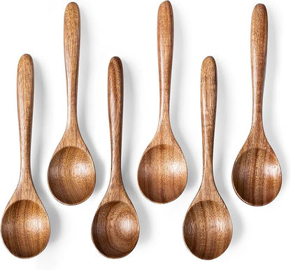 6 PCS Wooden Spoons for Honey, 6.7 inch Small Wooden Spoons - Terrific for Tea, Coffee & Soup, Little Acacia Wood Serving Table Spoon Set, Bulk Bamboo Teaspoon for Eating with Unique Design
