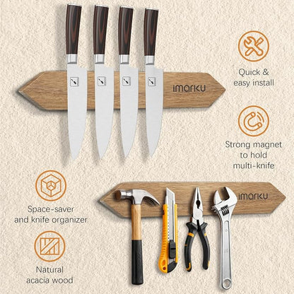imarku 16 Inch Magnetic Knife Strip, Acacia Wood Knife Holder for Wall, Heavy Duty Magnet for Quick Access & Secure Grip, Space Saving Kitchen Utensil Rack with 4 Hooks