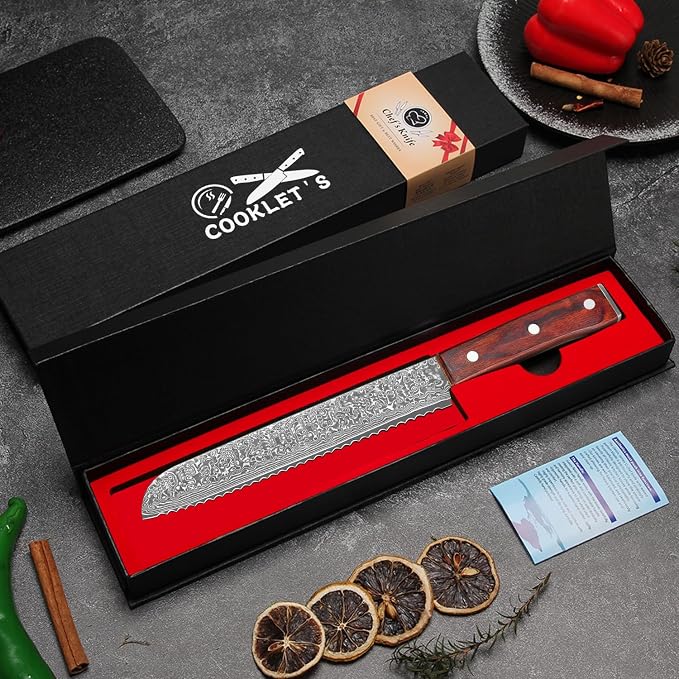 COOKLET'S Bread Knife, Professional VG10 Damascus High Carbon Stainless Steel Bread Cutting Knife, 8 Inch Serrated Cake Knife Bread Cutter, G10 Ergonomic Color Wooden Handle with Gift Box