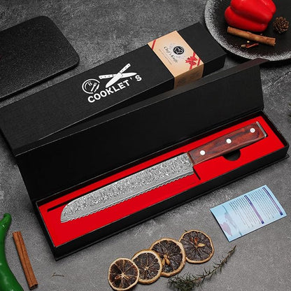 COOKLET'S Bread Knife, Professional VG10 Damascus High Carbon Stainless Steel Bread Cutting Knife, 8 Inch Serrated Cake Knife Bread Cutter, G10 Ergonomic Color Wooden Handle with Gift Box