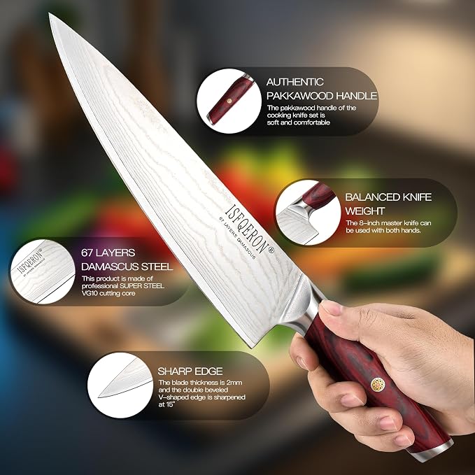 Japanese Chef Knife,8-Inch Damascus Chef Knife - Japanese VG10 High Carbon Stainless Steel, 67-Layer Hand-Forged Blade with Ergonomic Colorful wooden Handle -Gift Grindstone Included