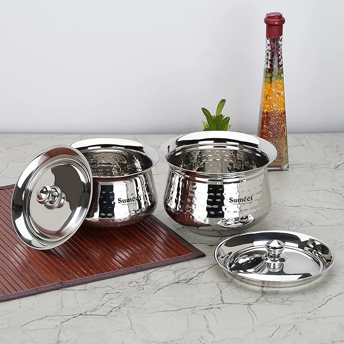 Sumeet Stainless Steel Handcrafted Hammered Texture Handi Set with Lid for Kitchen, Set of 2, 1300ml & 1700ml, Silver