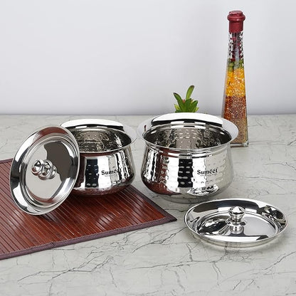 Sumeet Stainless Steel Handcrafted Hammered Texture Handi Set with Lid for Kitchen, Set of 2, 1300ml & 1700ml, Silver