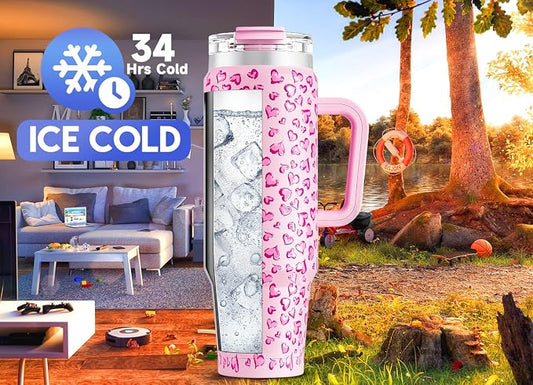 Meoky 40 oz Tumbler with Handle and Straw, Insulated Tumbler with Lid and Straw, Stainless Steel Travel Mug, Keeps Cold for 34 Hours, 100% Leak Proof, Fits in Car Cup Holder (Love)