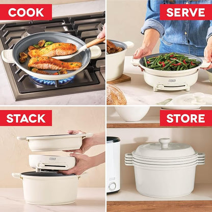 Dash Stacks 16-Piece Ceramic Nonstick Cookware Set with Electric Burner, Pots and Pans Set, Stackable Nesting Kitchen Pots and Pans, Small Kitchen, Oven Safe, Cream