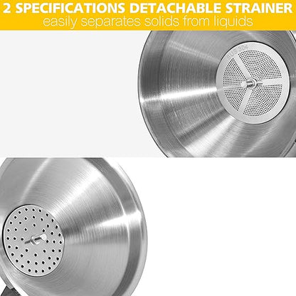 Anaeat Stainless Steel Kitchen Funnel, Multi-Use Premium Metal Food Grade Cooking Funnels with 2 Removable Strainer Filter for Transferring Liquid or Dry ingredients, Oils & 1 Pc Cleaning Brush (5.0")