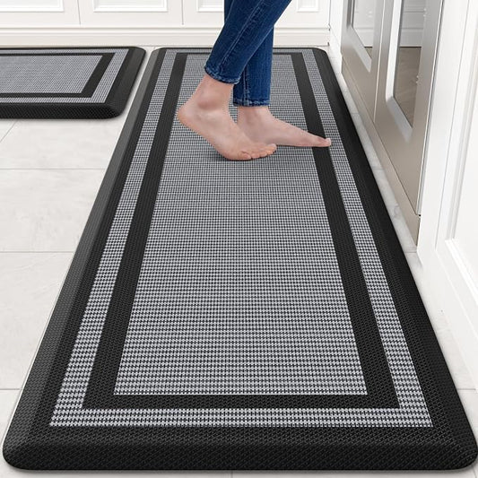 KitchenClouds [2 PCS] Kitchen Rugs Cushioned Anti-Fatigue Kitchen Mats for Floor Waterproof Kitchen Rug Set Non-Slip Comfort Standing Mat for Office, Sink, Laundry 20"×30"+20"×60",Black