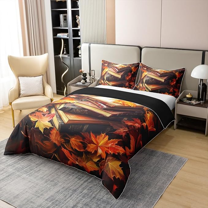 100% Nature Cotton Retro Book Duvet Cover Queen Size 3 Pcs Autumn Maple Leaves Bedding Set Room Decor Gifts Rustic Farmhouse Comforter Cover,Comforter Not Included